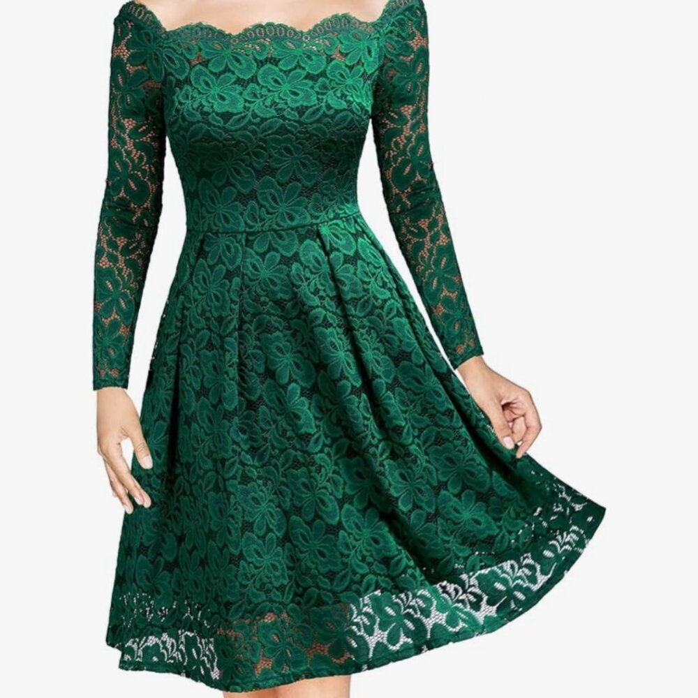 Emeralg Green eyelash lace off shoulder dress S